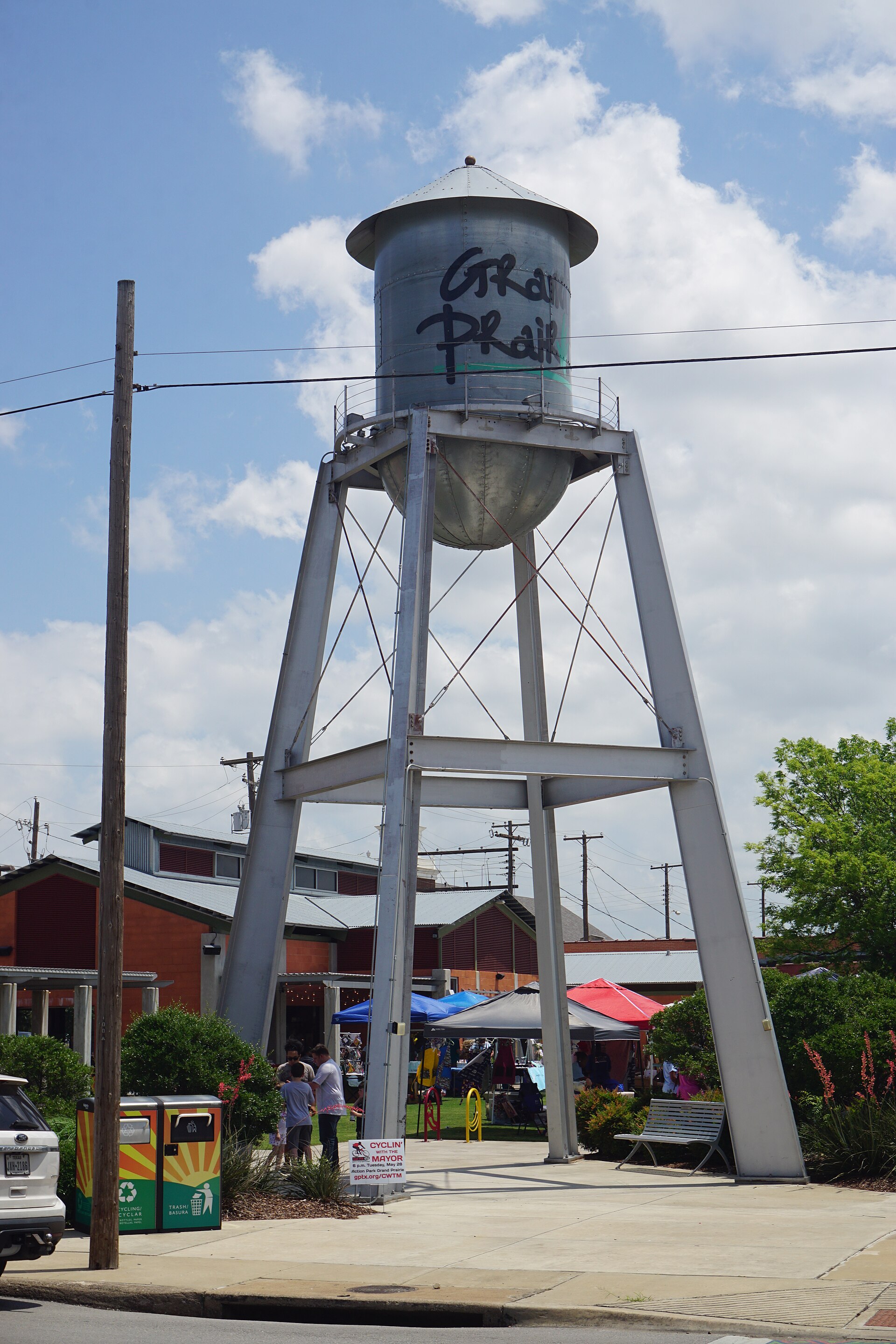 Grand Prairie Market Square water tower viewed from below.